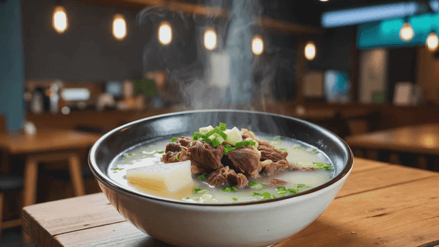 Steaming beef and radish soup on table