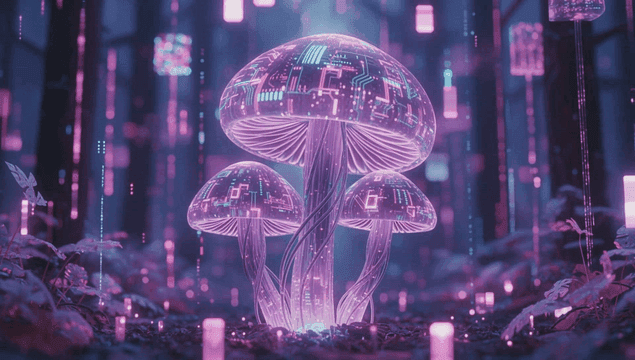 Glowing digital mushrooms in a forest
