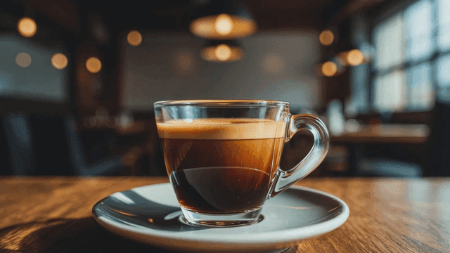 나무 테이블 위의 에스프레소 한 잔