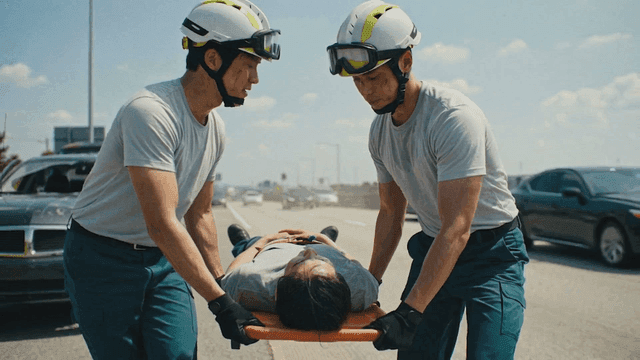 Rescue workers carrying injured person who fainted from traffic accident on stretcher