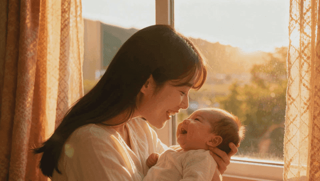 Mother holding a newborn baby by the sunny window