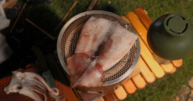 Preparing Squid on a Grill Outdoors