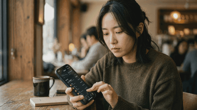 Woman checking stock prices on her smartphone at cafe