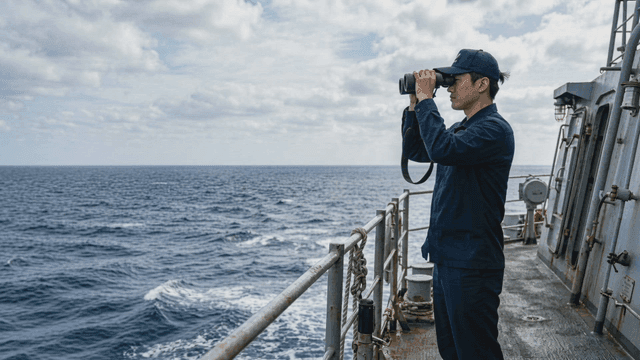 Naval sailor observing sea through binoculars