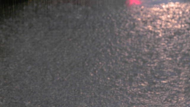 우산을 쓴 사람이 걸어가는 길거리의 물웅덩이