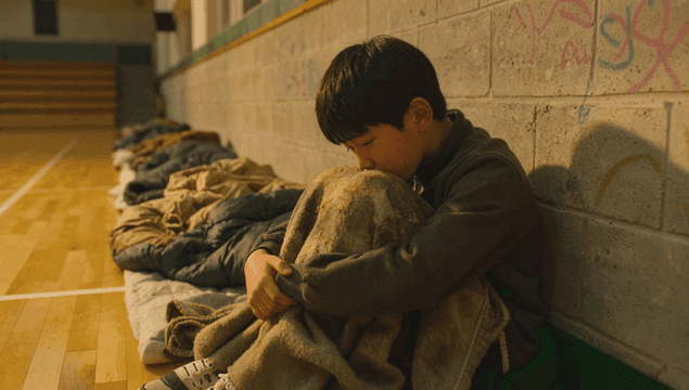 체육관 대피소에서 담요를 덮고 앉아 있는 아이