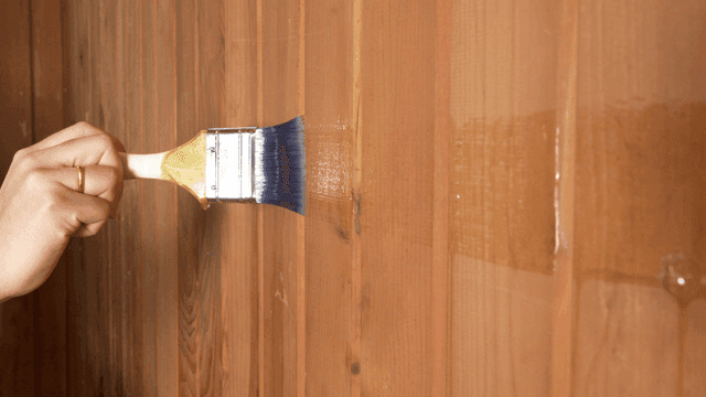 Applying varnish to a wooden wall