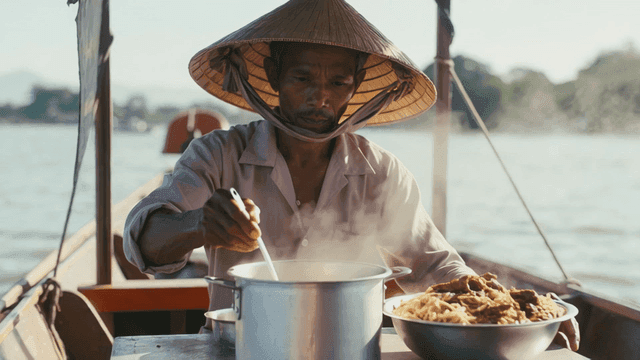 Man cooking while wearing Thai hat on boat