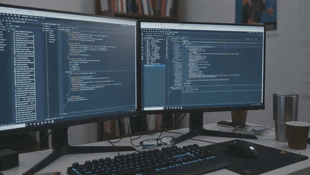 사무실에서 코드가 표시된 듀얼 모니터