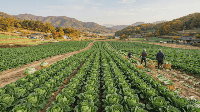 farmers harvesting cabbages in a vast field