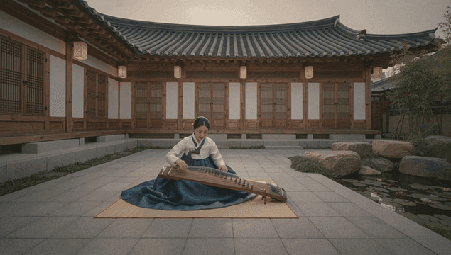 가야금을 연주하는 여성이 있는 전통 한옥