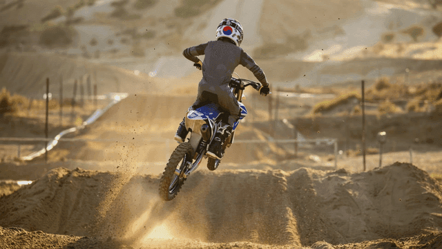 Motorcycle rider on sand track.