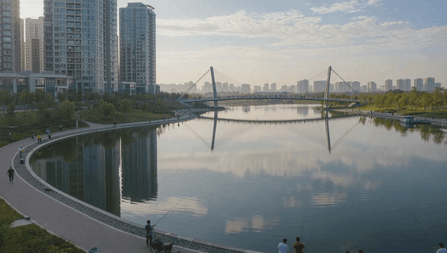 호수와 다리가 있는 고요한 도시 공원