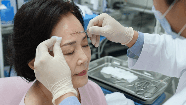 Doctor carefully stitching up forehead wound