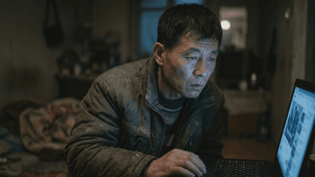 Middle-aged man concentrating on his laptop screen