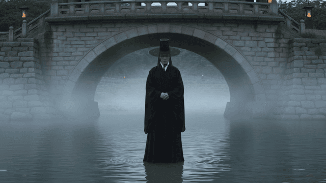 Grim Reaper standing under stone bridge