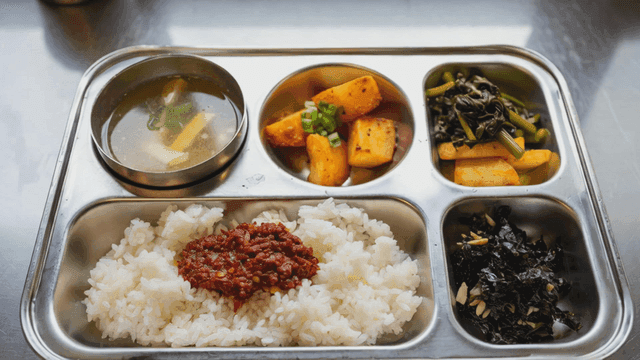Rice, soup, and side dishes on stainless steel tray