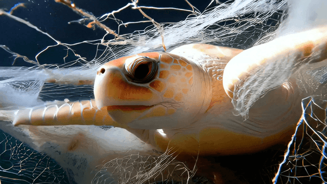 물속에서 그물에 얽힌 거북이