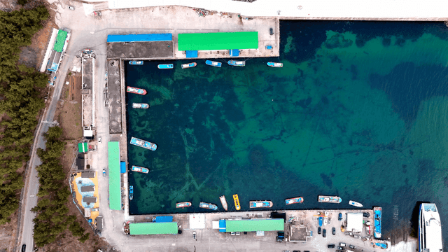 정박한 배들이 있는 항구의 항공 뷰