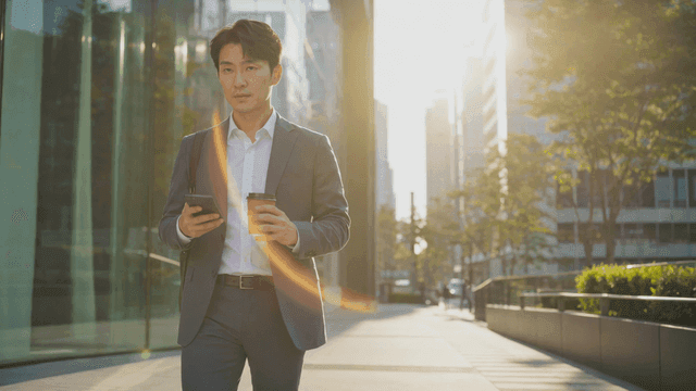 커피와 휴대폰을 들고 걷는 사업가