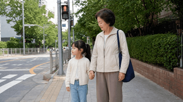 Grandmother and granddaughter waiting at crosswalk