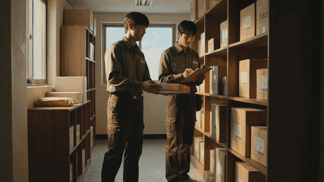 Two workers organizing boxes in a storeroom