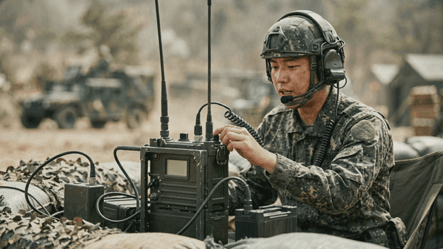 Soldier operating communication equipment