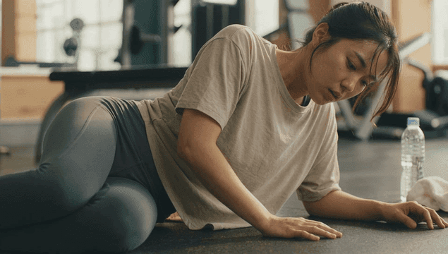 Woman resting on gym floor with water bottle