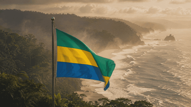Gabonese flag fluttering on beautiful coastline