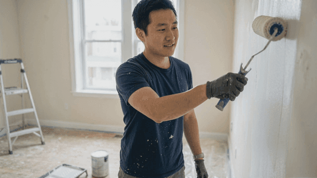 Man painting wall in bright room