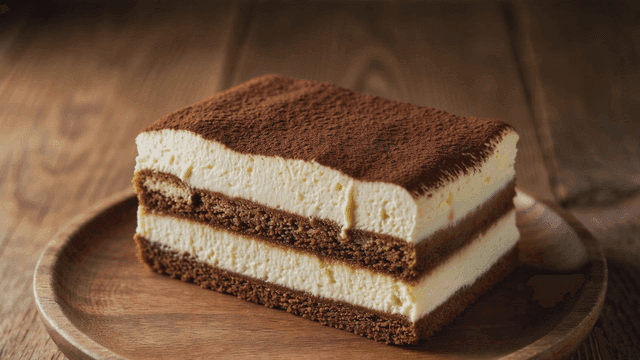 Tiramisu slice on a wooden plate