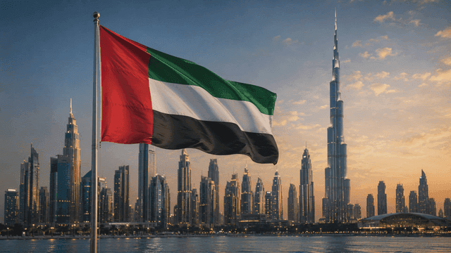 United Arab Emirates flag and city skyline