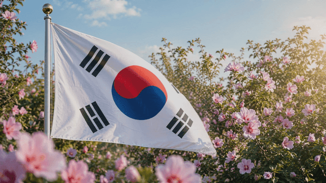 무궁화 꽃이 만개한 가운데 휘날리는 태극기