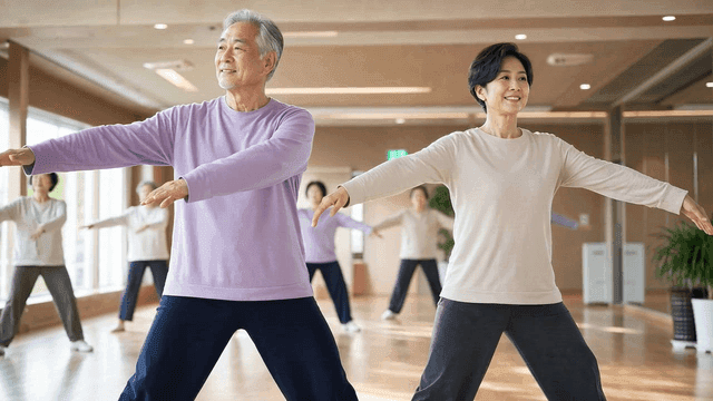 Seniors practicing tai chi in a bright room