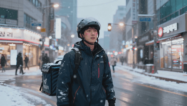 Delivery man standing on snowy street