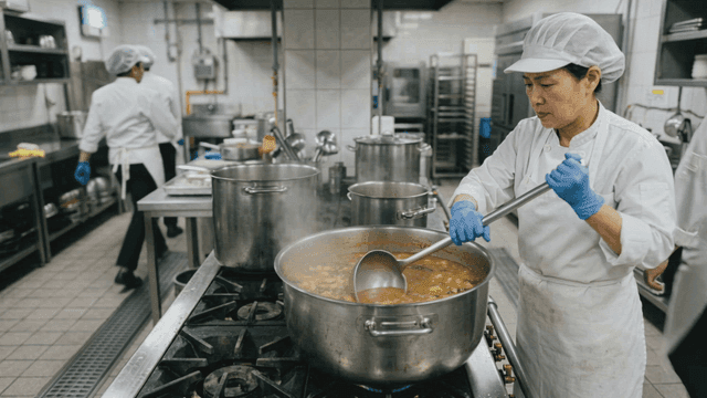 School cafeteria cook preparing soup in large pot in kitchen