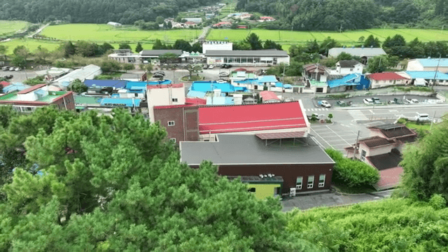 푸른 숲으로 둘러싸인 시골 마을