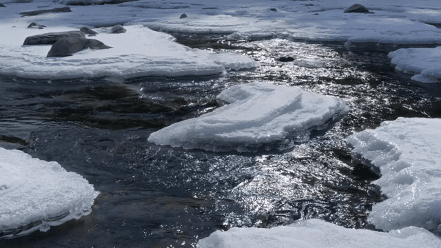 Flowing river with ice and snow