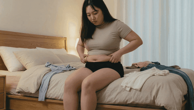 Fat woman sitting on bed and examining her waist