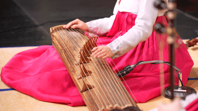 Playing the traditional Korean gayageum
