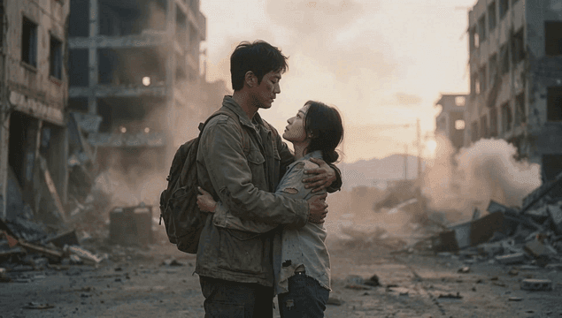 Couple hugging in abandoned city