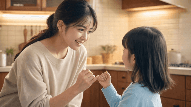 Mother and daughter making promise in kitchen