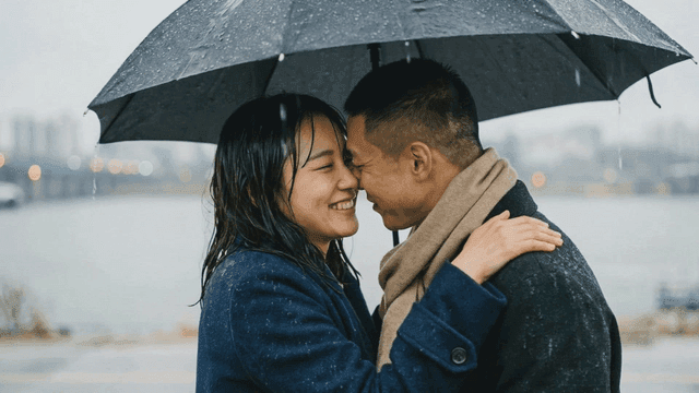 Couple hugging under rain umbrella