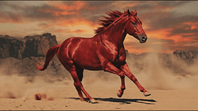 Red horse running through desert at sunrise