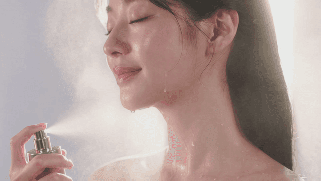 눈을 감고 얼굴에 미스트를 뿌리는 여성