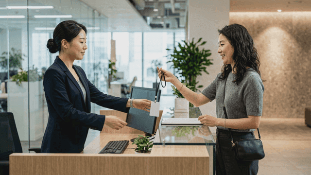 Woman receiving access pass at reception desk