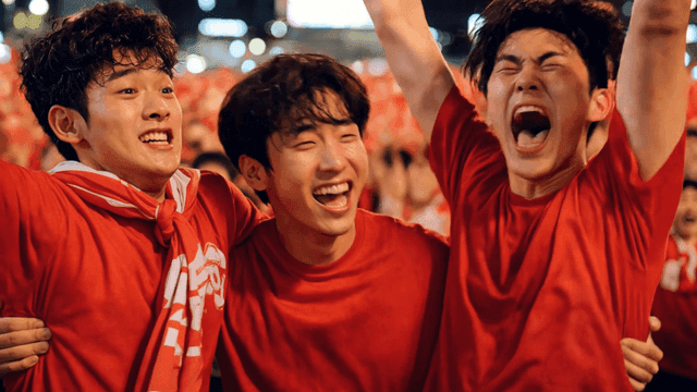 Three friends wearing red shirts cheering