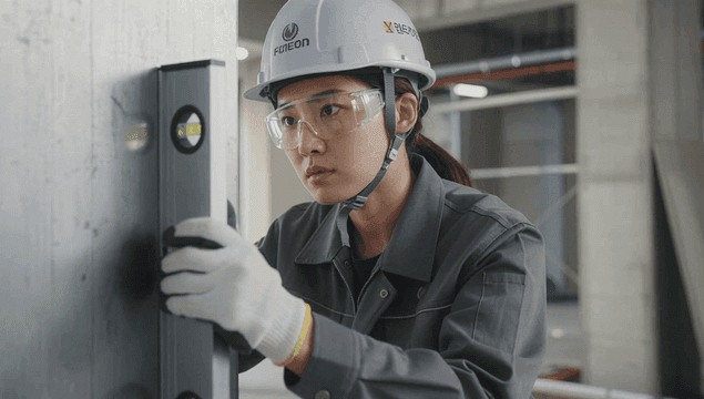 수평계를 사용하는 집중한 여성 건설 작업자