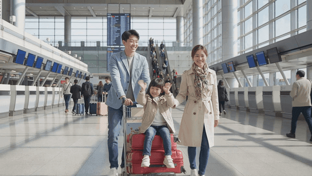 공항에서 짐을 든 가족
