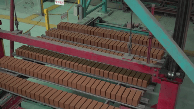 Bricks on a conveyor in a factory